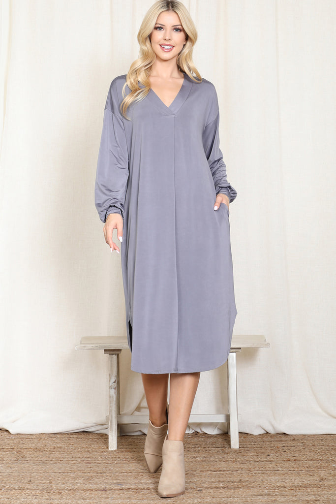 V-Neck Band Long Puff Sleeve Venezia Dress