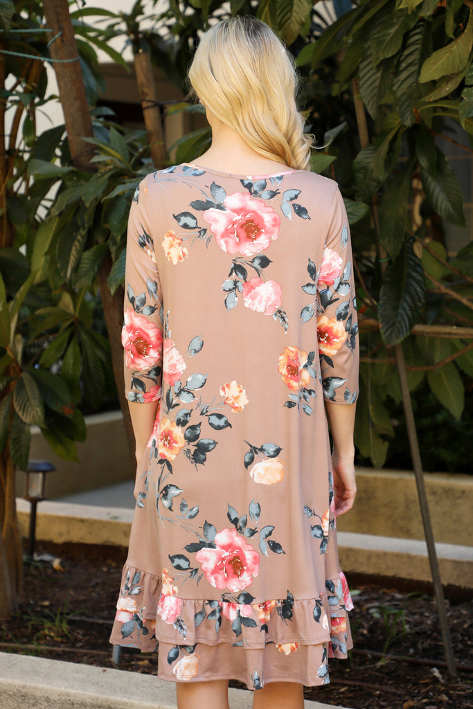 Floral Quarter Sleeve Ruffle Hem Dress