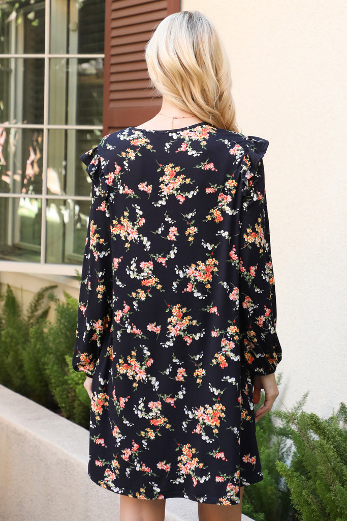 Shirring Ruffle Detail Long Sleeve Floral Dress