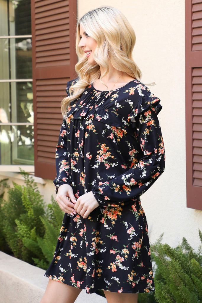 Shirring Ruffle Detail Long Sleeve Floral Dress