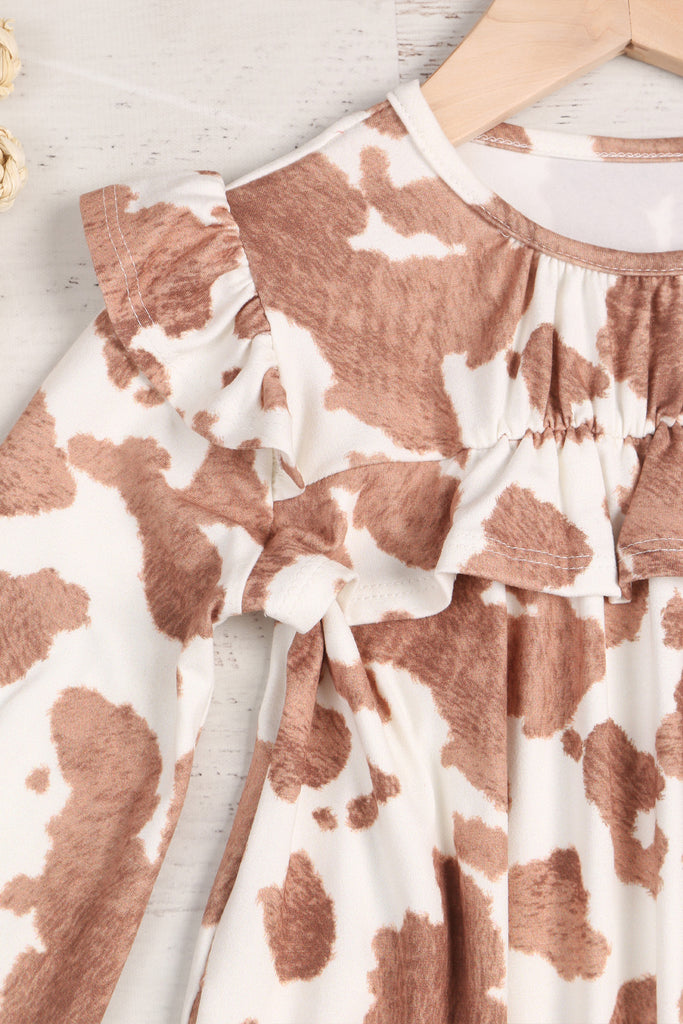 Kids Shirring Ruffle Detail Long Sleeve Animal Printed Dress