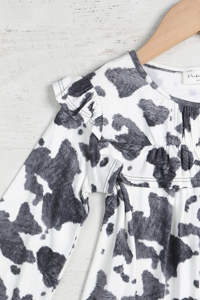 Kids Shirring Ruffle Detail Long Sleeve Animal Printed Dress