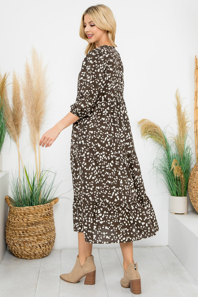 3/4 Sleeve Ribbon Detail Tiered Printed Midi Dress