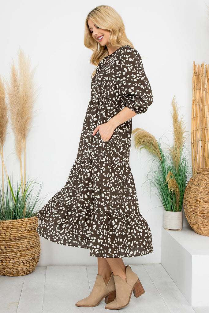 3/4 Sleeve Ribbon Detail Tiered Printed Midi Dress