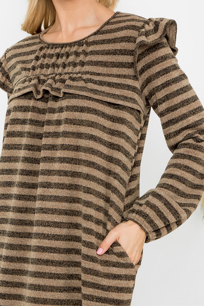 Shirring Ruffle Detail Long Sleeve Stripe Dress