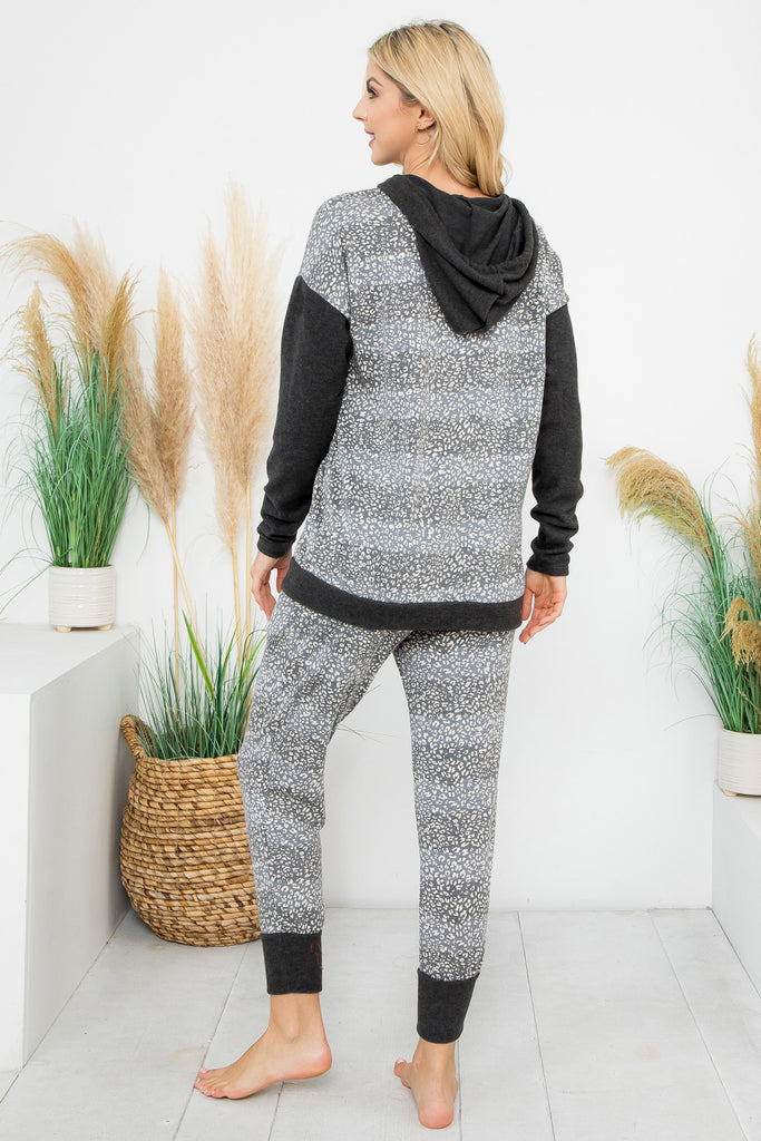 Leopard Stripe Long Sleeve Hoodie Top & Jogger Set