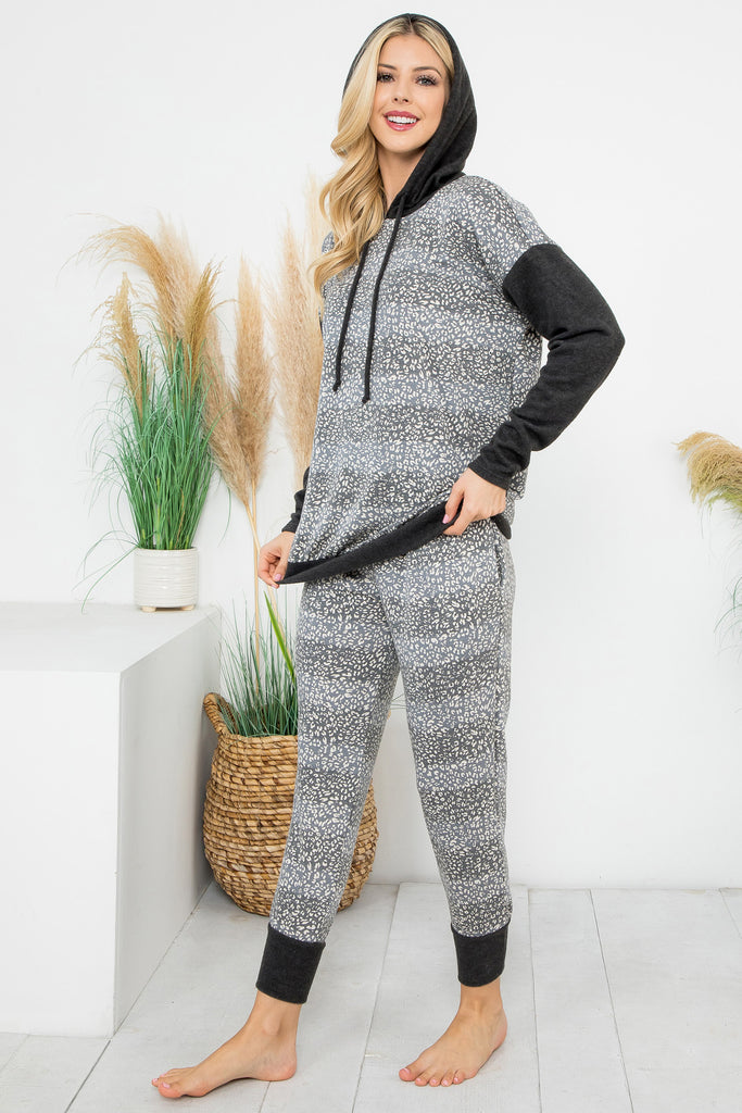 Leopard Stripe Long Sleeve Hoodie Top & Jogger Set