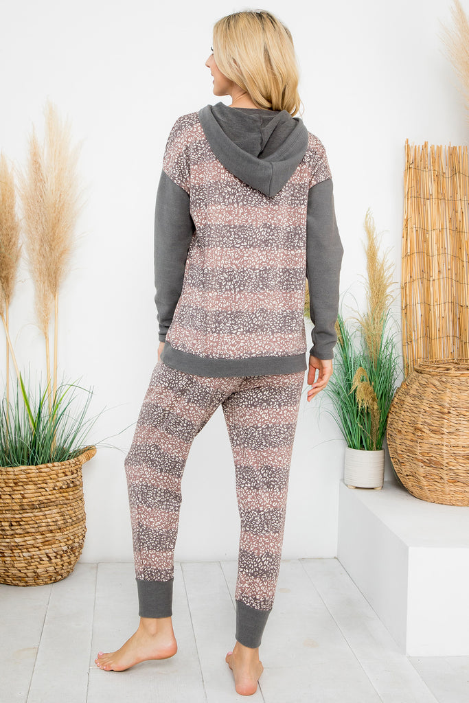 Leopard Stripe Long Sleeve Hoodie Top & Jogger Set