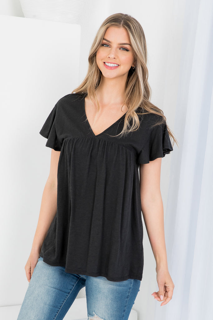 V-Neck Shirring Details Slub Top