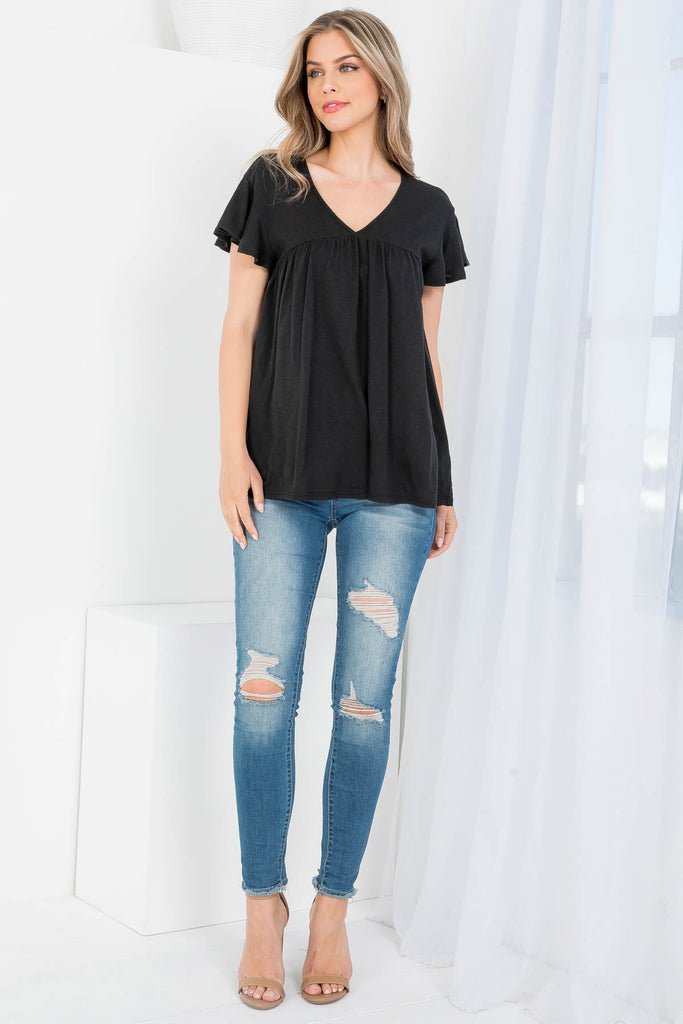 V-Neck Shirring Details Slub Top