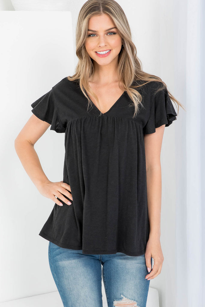 V-Neck Shirring Details Slub Top