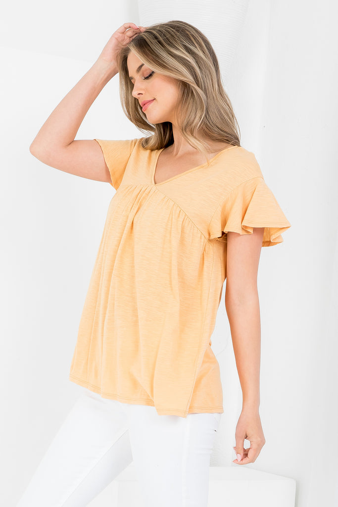 V-Neck Shirring Details Slub Top