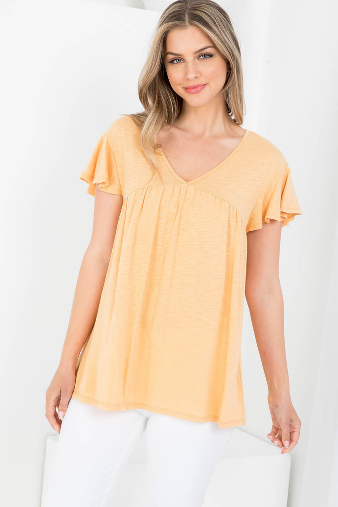 V-Neck Shirring Details Slub Top