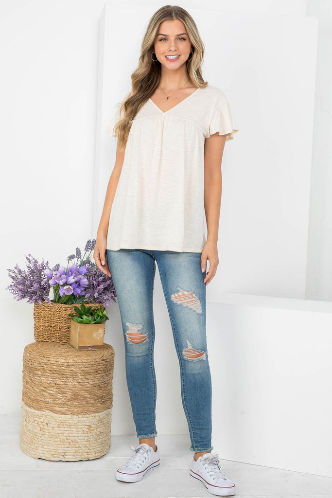 V-Neck Shirring Details Slub Top