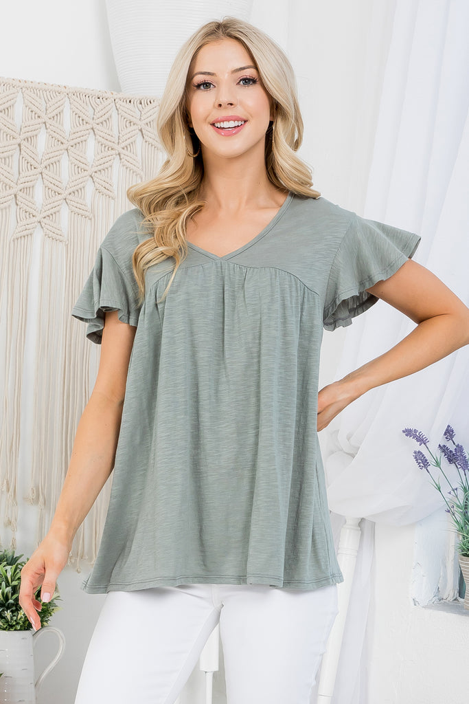 V-Neck Shirring Details Slub Top
