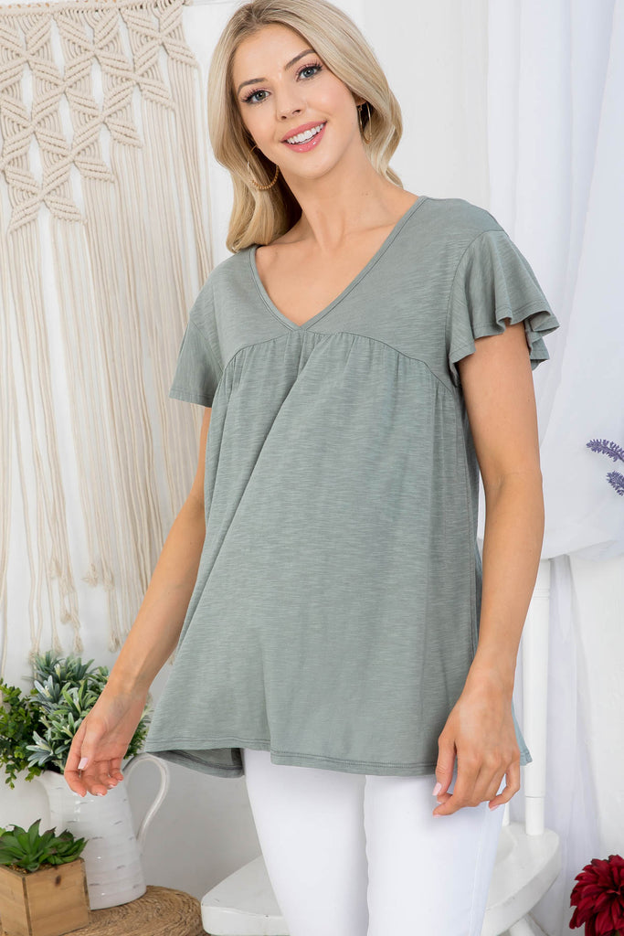 V-Neck Shirring Details Slub Top