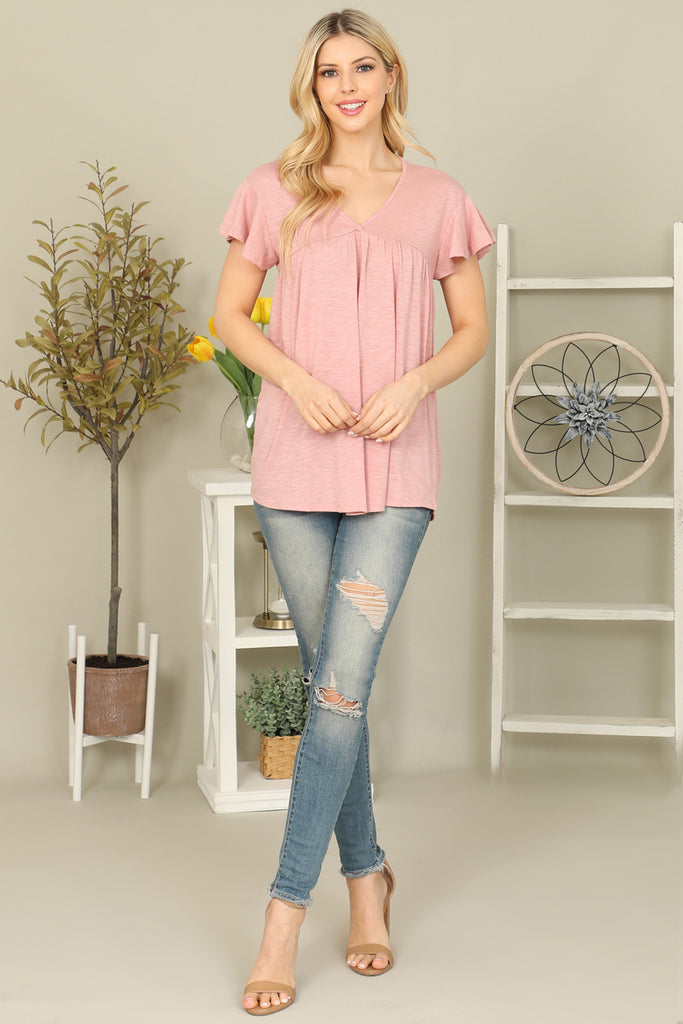 V-Neck Shirring Details Slub Top