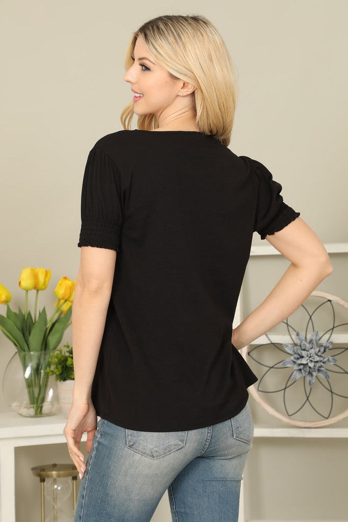 Solid Smocked Cuff Short Sleeve Top - Riah Fashion