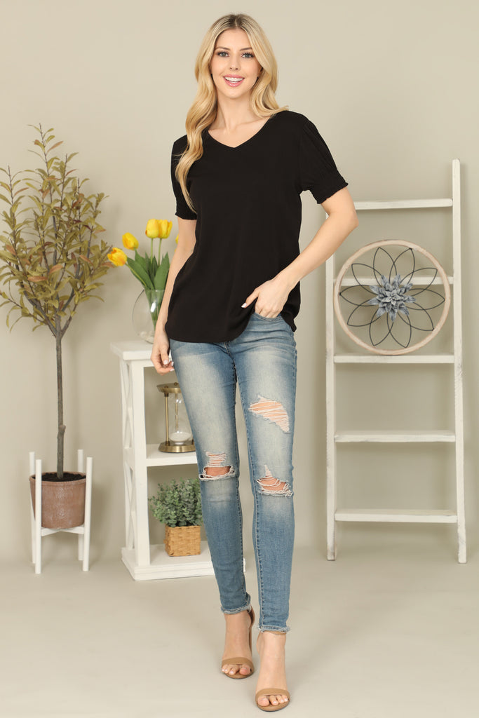 Solid Smocked Cuff Short Sleeve Top - Riah Fashion