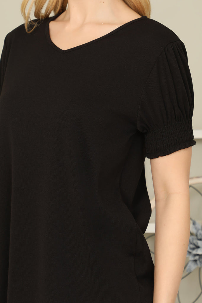 Solid Smocked Cuff Short Sleeve Top - Riah Fashion
