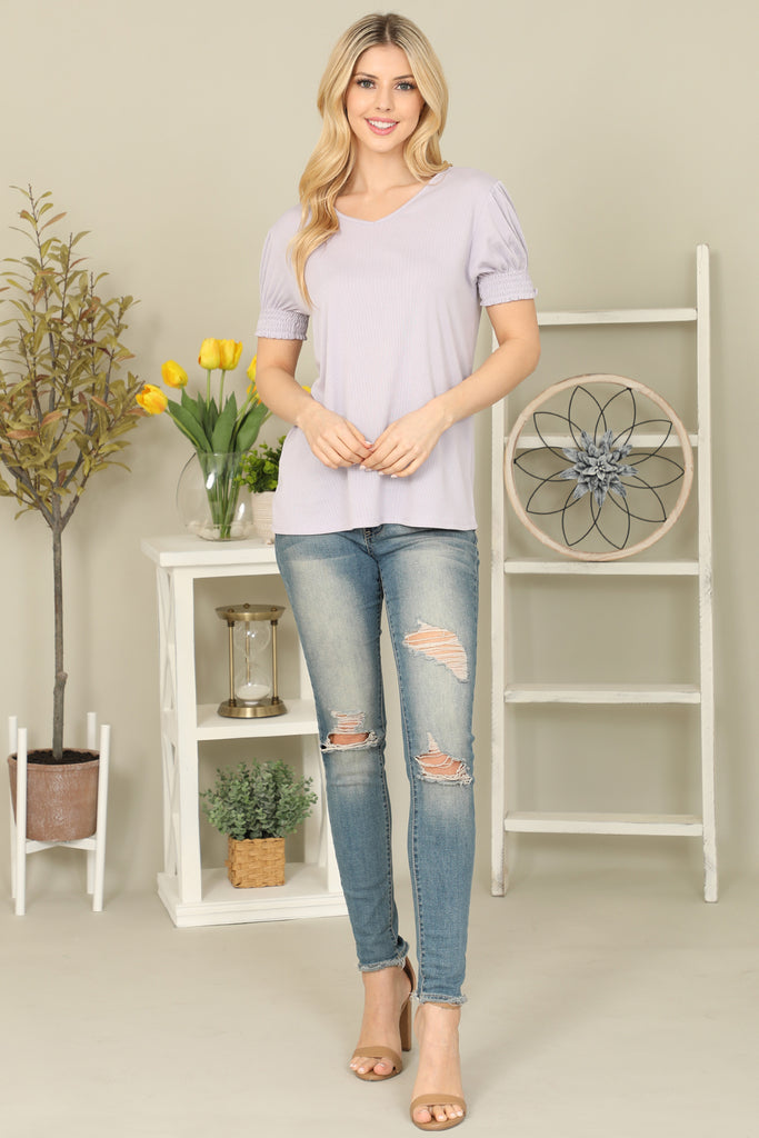 Solid Smocked Cuff Short Sleeve Top - Riah Fashion