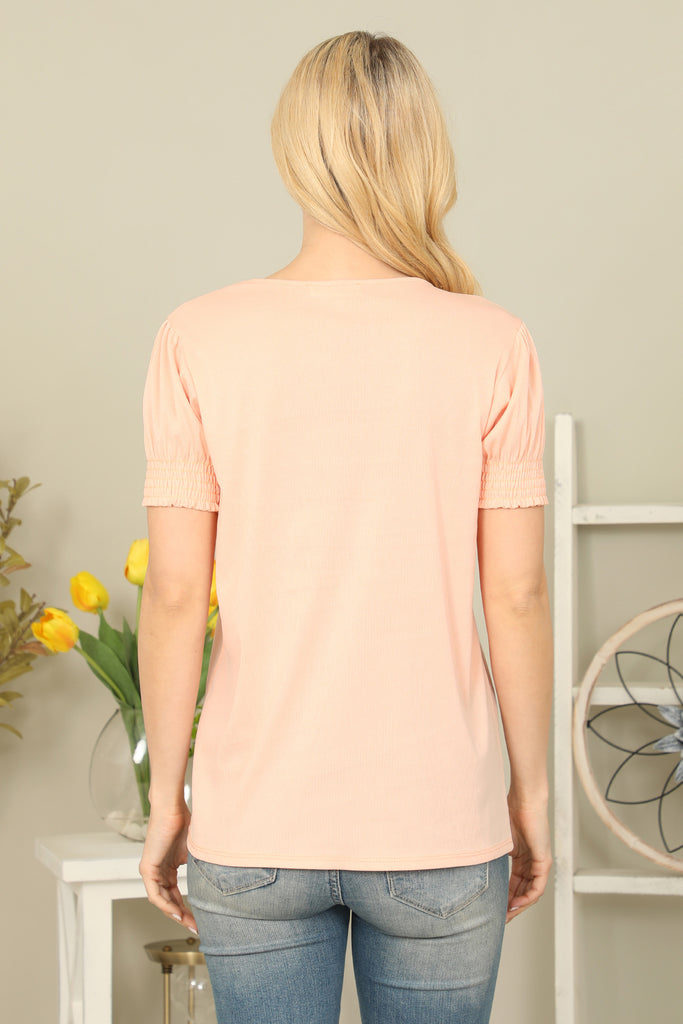 Solid Smocked Cuff Short Sleeve Top - Riah Fashion