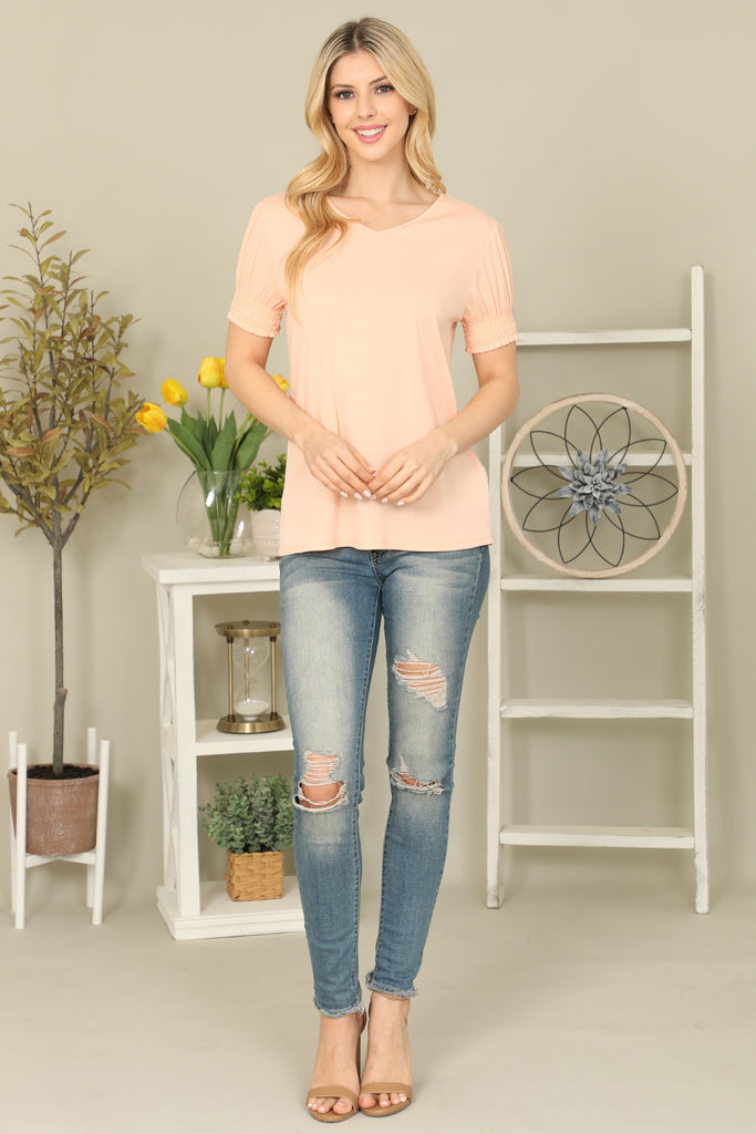 Solid Smocked Cuff Short Sleeve Top - Riah Fashion