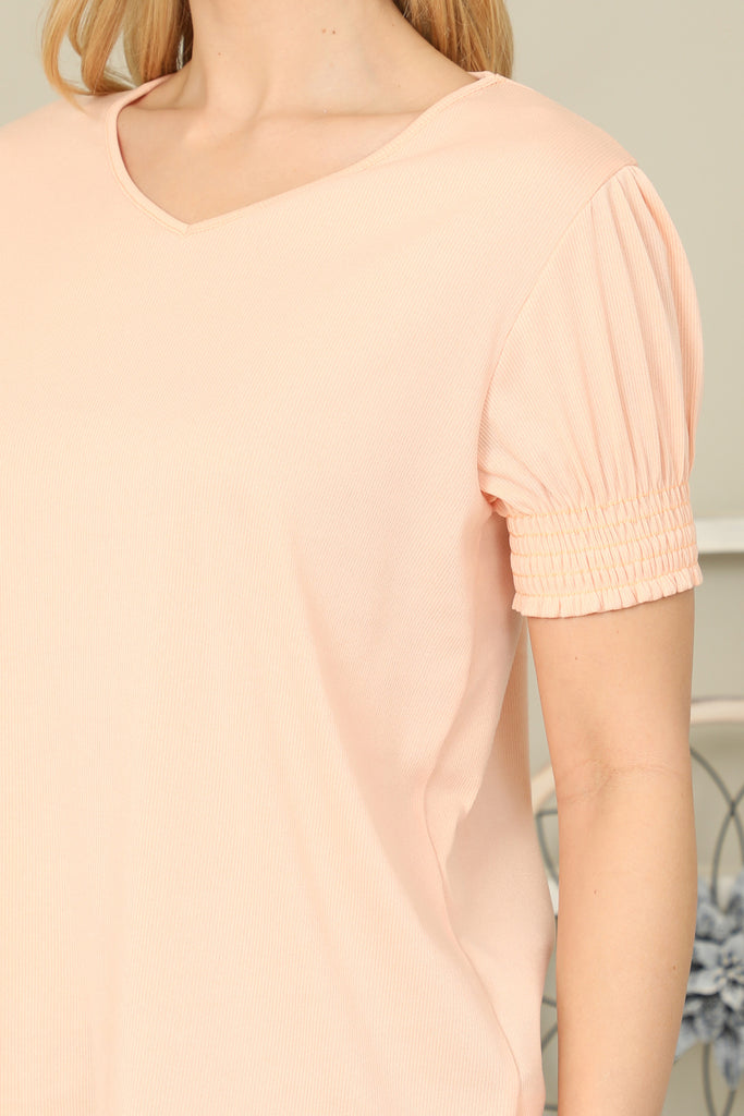 Solid Smocked Cuff Short Sleeve Top - Riah Fashion