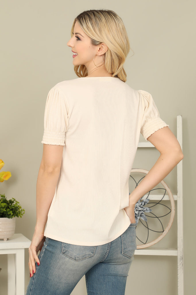 Solid Smocked Cuff Short Sleeve Top - Riah Fashion