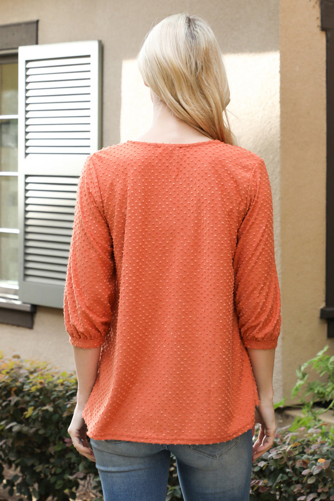 Swiss Dot Quarter Sleeve Notch Neckline