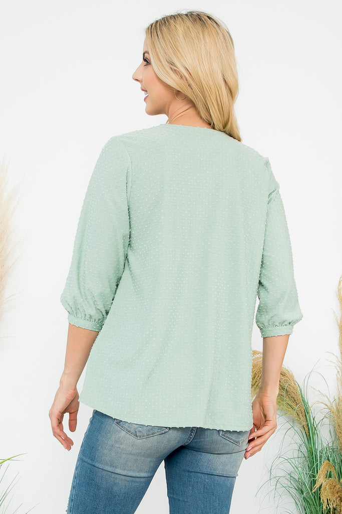 Swiss Dot Quarter Sleeve Notch Neckline