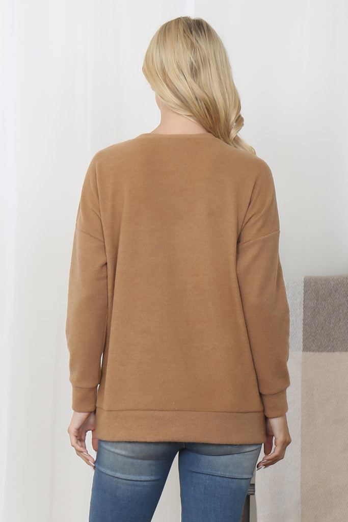 Rib Brushed Pullover Top With Kangaroo Pocket