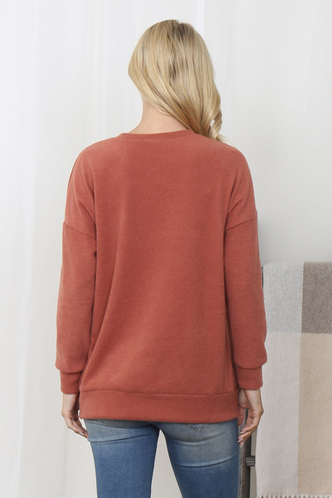 Rib Brushed Pullover Top With Kangaroo Pocket