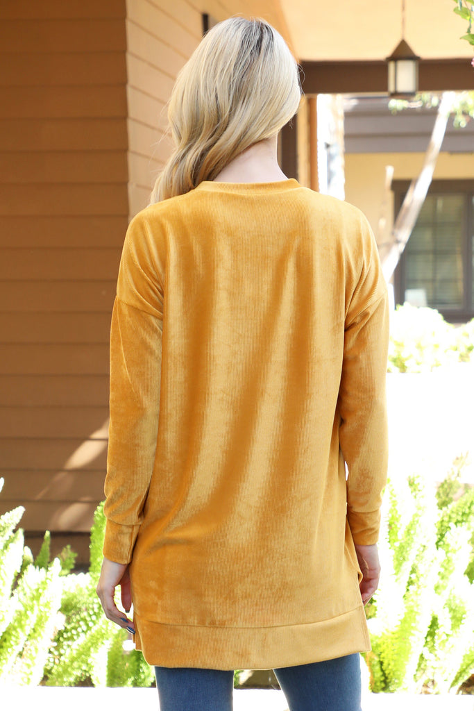 Long Sleeve Velvet Corduroy Top with Side Slit