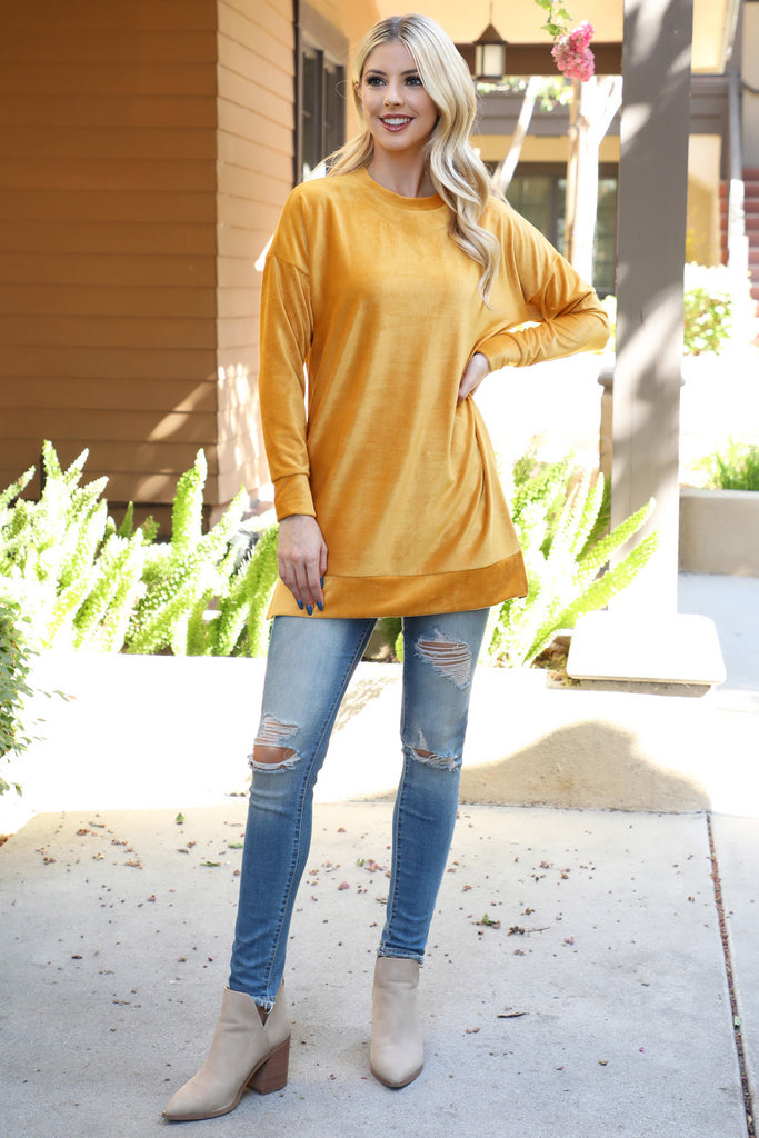 Long Sleeve Velvet Corduroy Top with Side Slit