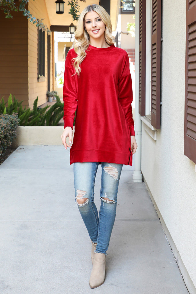 Long Sleeve Velvet Corduroy Top with Side Slit