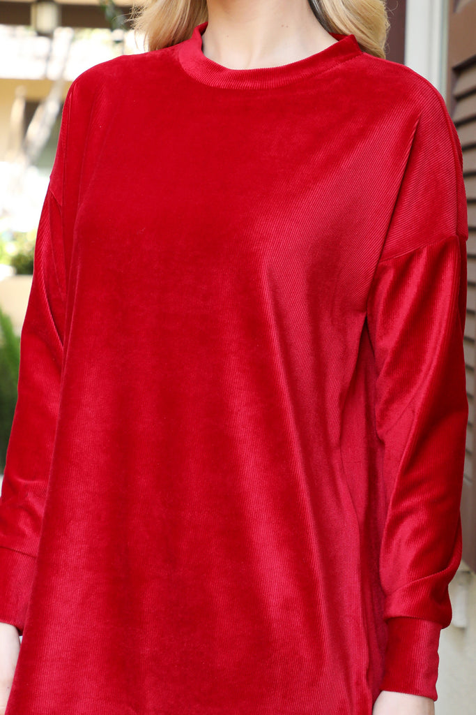 Long Sleeve Velvet Corduroy Top with Side Slit