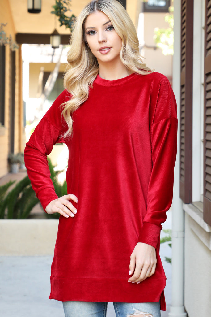 Long Sleeve Velvet Corduroy Top with Side Slit