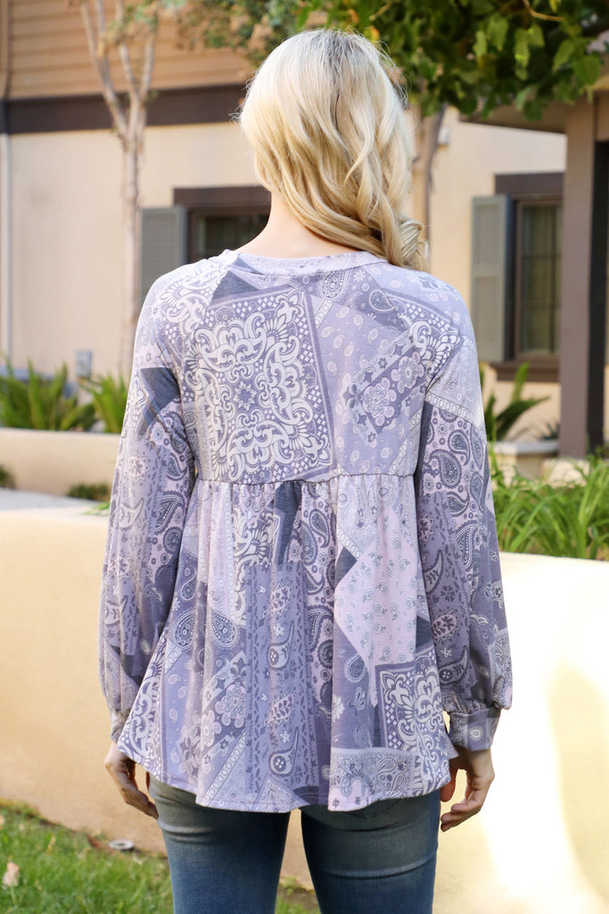 Long Puff Sleeve Paisley Printed Top