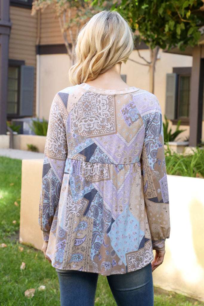 Long Puff Sleeve Paisley Printed Top