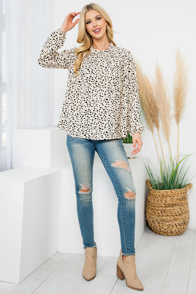 Puff Sleeve Merrow Neckline Animal Print Woven Top