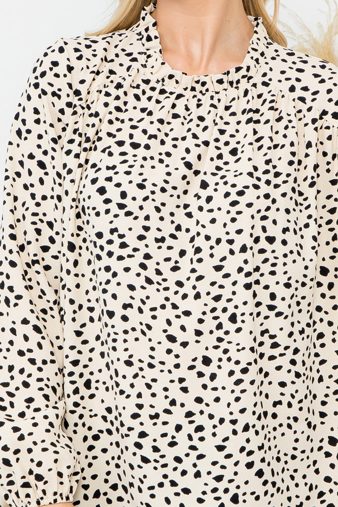 Puff Sleeve Merrow Neckline Animal Print Woven Top