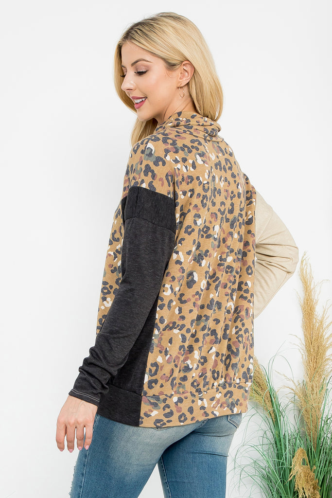Cowl Neckline Leopard Block Long Sleeve Top