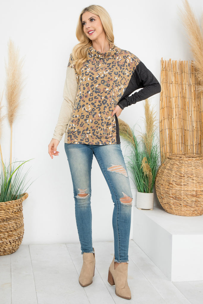 Cowl Neckline Leopard Block Long Sleeve Top