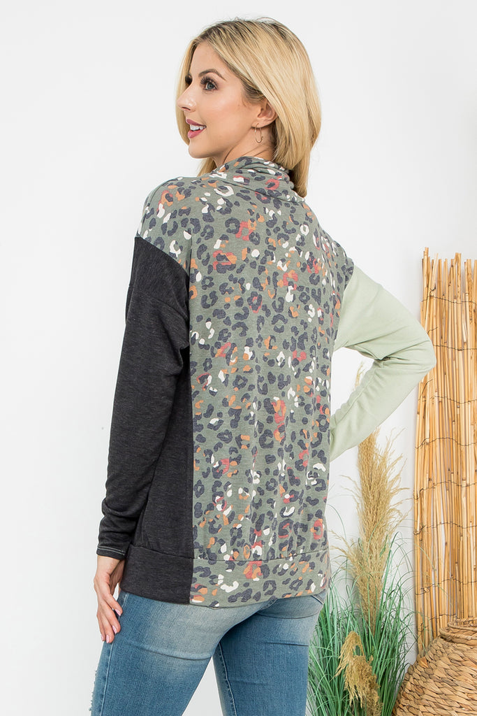 Cowl Neckline Leopard Block Long Sleeve Top