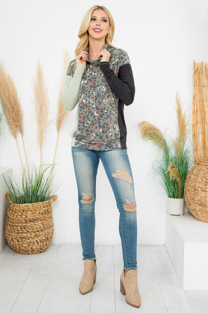 Cowl Neckline Leopard Block Long Sleeve Top