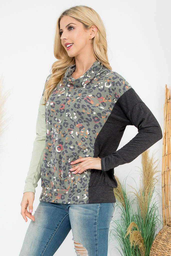 Cowl Neckline Leopard Block Long Sleeve Top