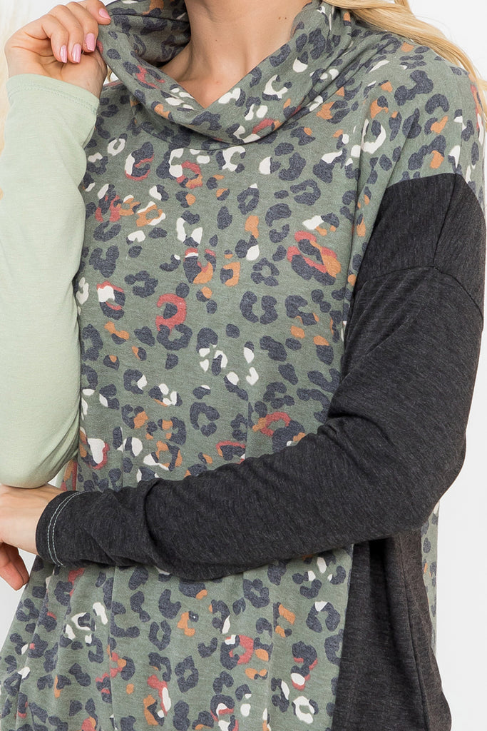 Cowl Neckline Leopard Block Long Sleeve Top