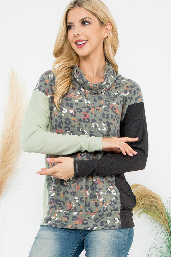 Cowl Neckline Leopard Block Long Sleeve Top