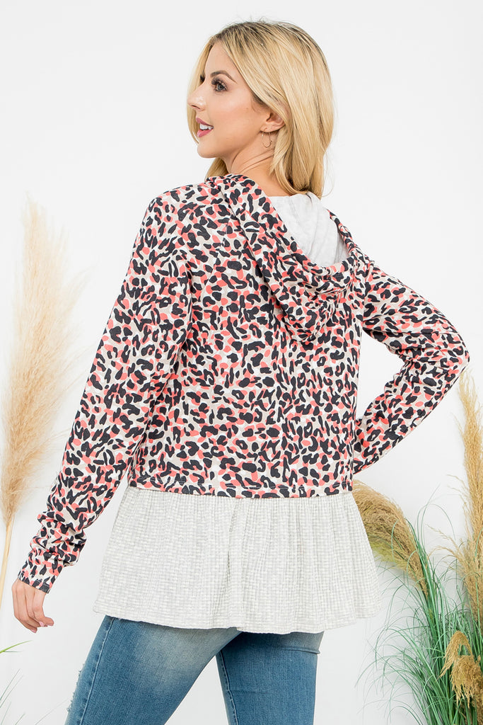 Solid Hem Leopard Hoodie Top
